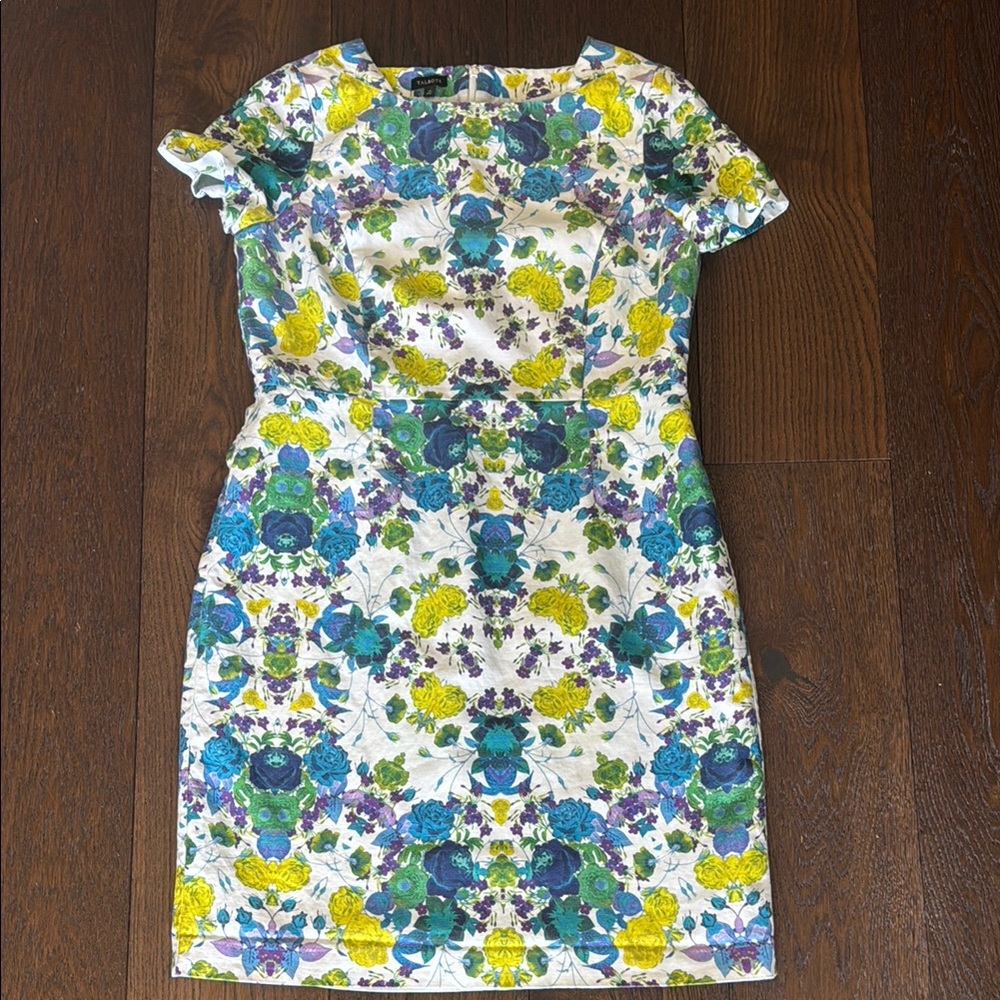 Talbots Blue and Yellow Puff Sleeve Sheath Dress